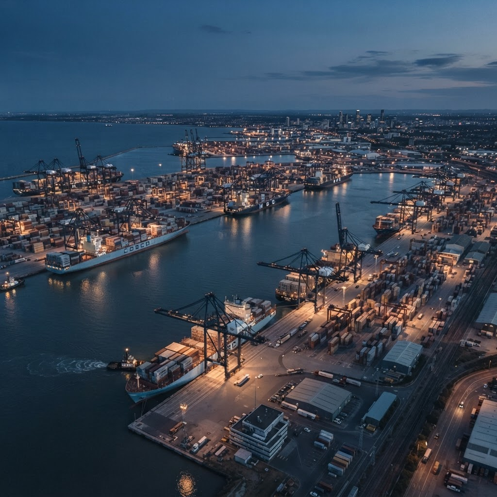 Aerial view of a commercial maritime port at blue hour